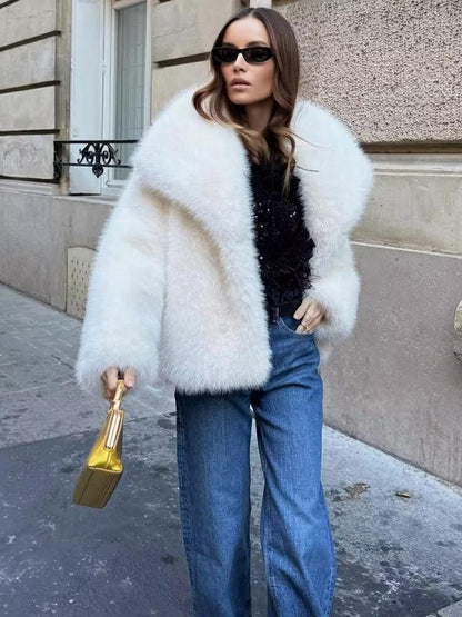 Women's Solid Color Faux Fur Fuzzy Jacket, Casual Elegant Long Sleeve Collared Fuzzy Coat for Fall & Winter, Women's Clothing for Daily Wear, Cute Tops