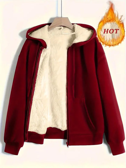 Women's Casual Long Sleeve Zipper Jacket, FallWinter Fleece Lined Coat, Plain Color HoodedOuterwear