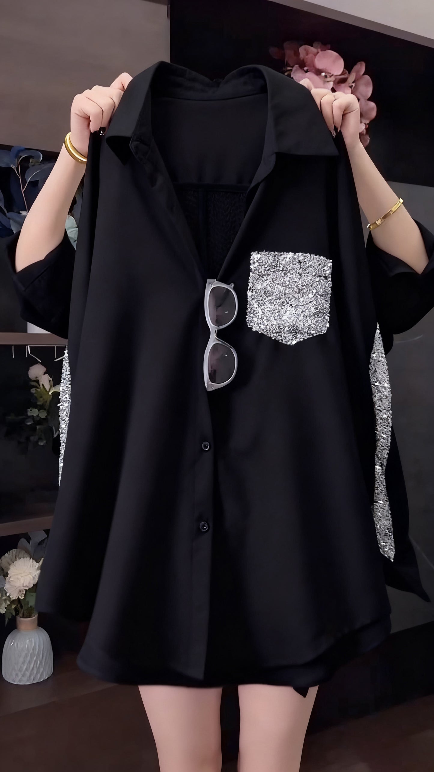 Ladies Collar Patchwork Sequin Casual Shirt