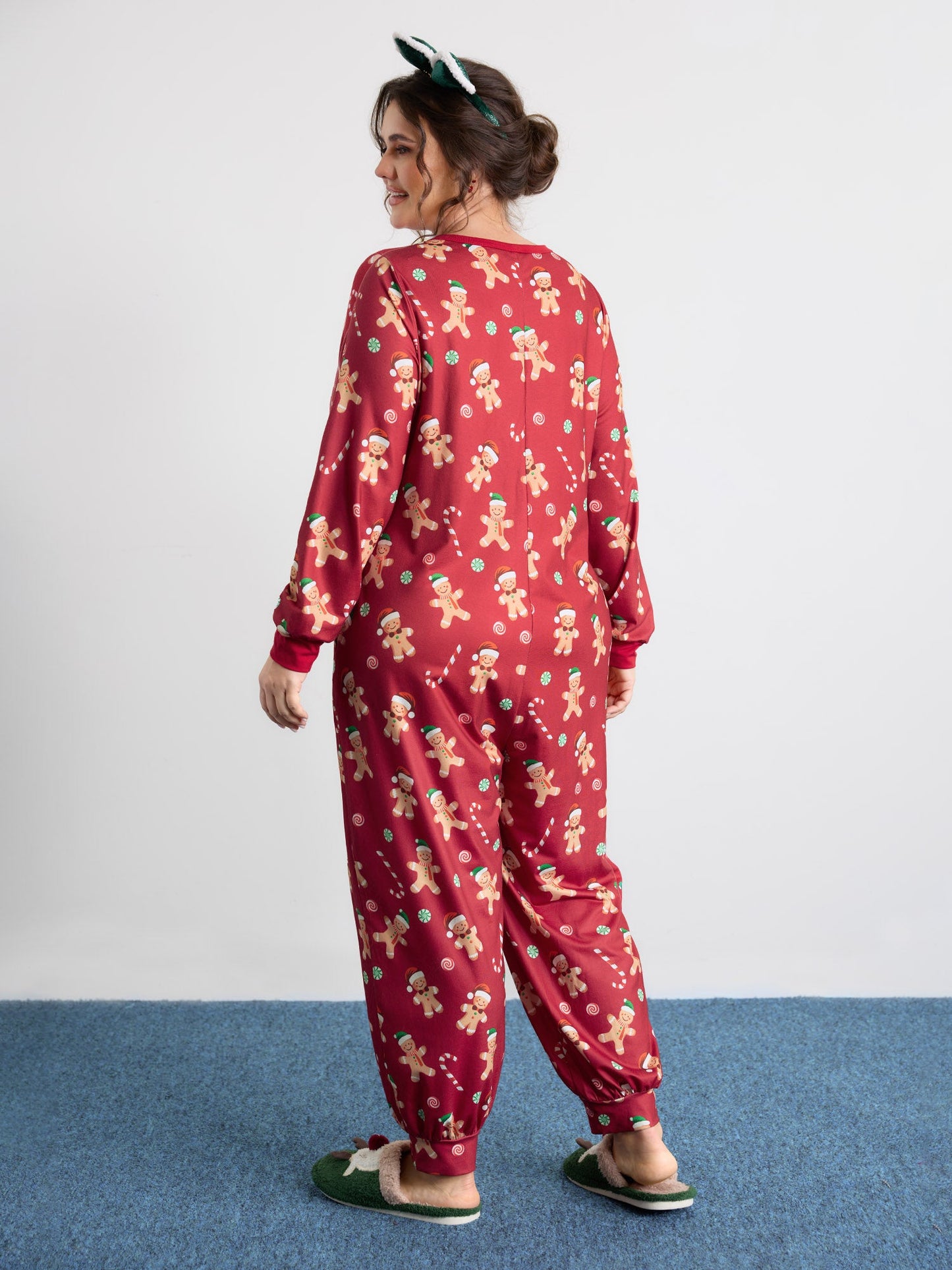 Gingerbread Print Button Placket Jumpsuit