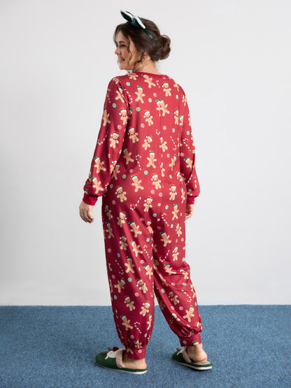 Gingerbread Print Button Placket Jumpsuit