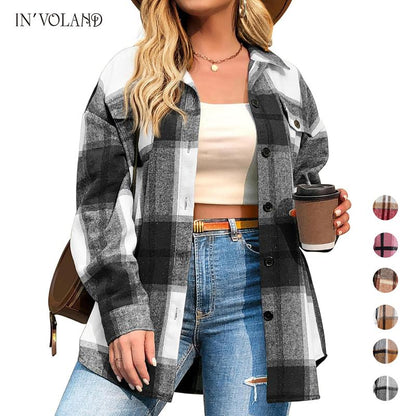 Womens Plus Size Shacket Jacket Flannel Plaid Long Sleeve Button Down Shirts Casual Fall Blouses Tops  Winter Coats Winter Holiday Haul#US 2025 Deals for You Days