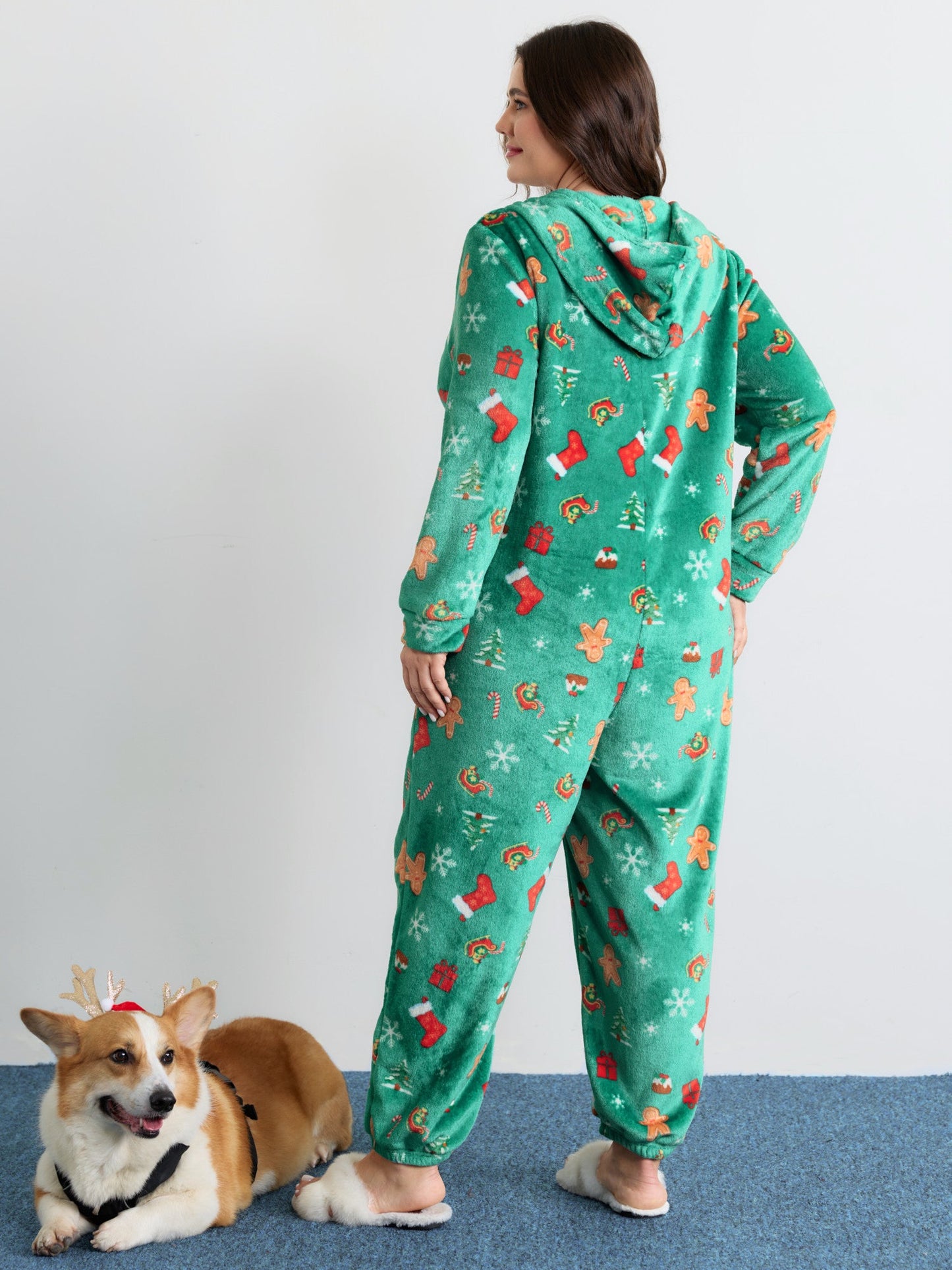 Fleece Holiday Pattern Pockets Hooded Sleep Jumpsuit
