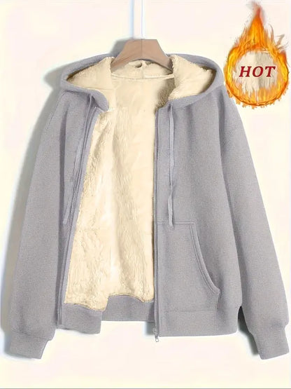 Women's Casual Long Sleeve Zipper Jacket, FallWinter Fleece Lined Coat, Plain Color HoodedOuterwear
