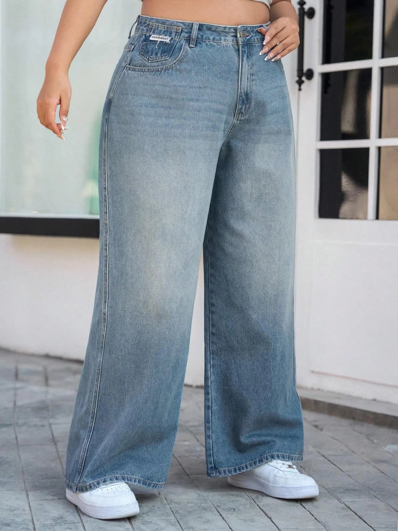Plus Size Washed and Faded Loose Denim Pants for Women with Pockets, Wide-Leg Jeans, Relaxed Fit Denim