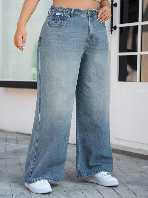 Plus Size Washed and Faded Loose Denim Pants for Women with Pockets, Wide-Leg Jeans, Relaxed Fit Denim