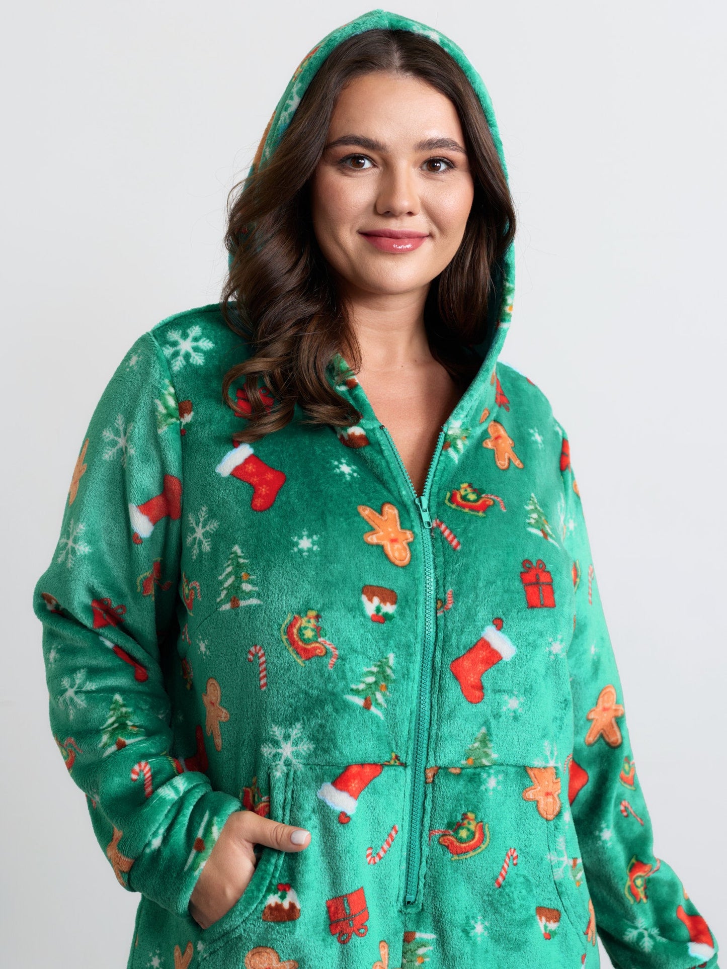 Fleece Holiday Pattern Pockets Hooded Sleep Jumpsuit
