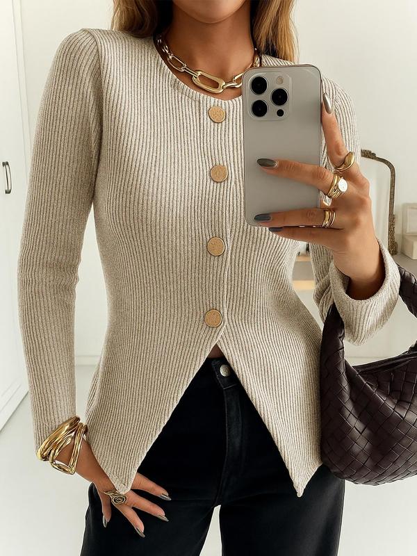 Women's Casual Elegant Ribbed Knit Button Long Sleeve Top, Fitted Plain Design, All Season Wear, Moderate Fabric Thickness