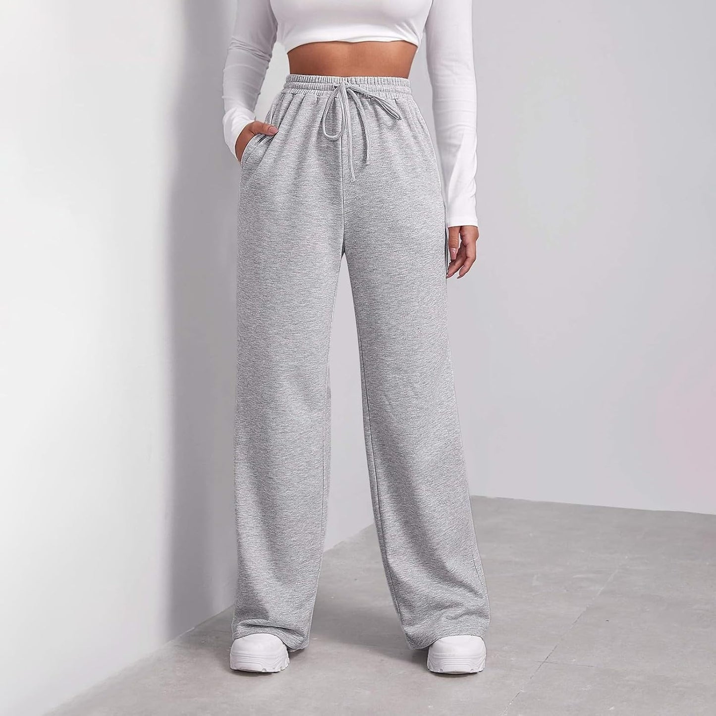Straight Leg Sweatpants Women Baggy Drawstring Elastic Waist Lounge Pants Soft Cozy Joggers with Pockets