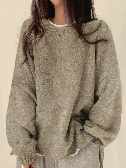 Women's Drop Shoulder Split Hem Sweater, Casual Long Sleeve Round Neck Jumper, Women's Knitwear Top for Fall & Winter, Sweaters for Women