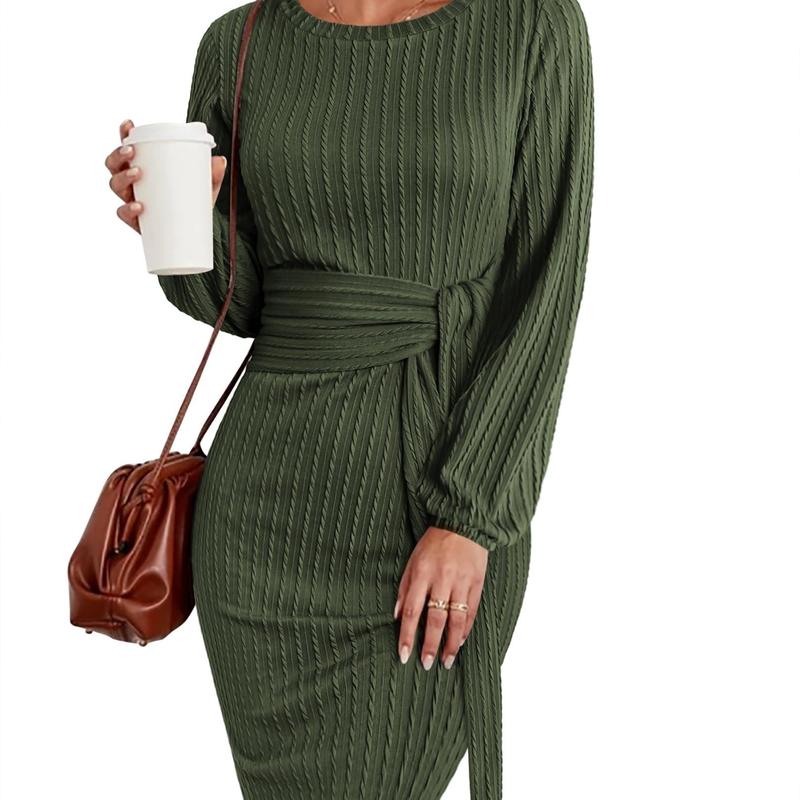 Women's Elegant Knit Dress Long Lantern Sleeve Fall Bodycon Crewneck Tie Waist Rib Knitted Sweater Dresses Basic Chic Minimalist