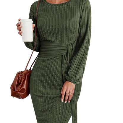 Women's Elegant Knit Dress Long Lantern Sleeve Fall Bodycon Crewneck Tie Waist Rib Knitted Sweater Dresses Basic Chic Minimalist