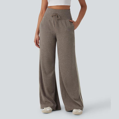 Ribbed SoCinched High Waisted Tummy Control Drawstring Wide Leg Color Block Casual Pants with Side Pockets
