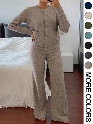 Women's Casual Comfortable Round Neck Long Sleeve Knit Sweater Set, High Waist Versatile Wide Leg Pants, Perfect for Daily Wear