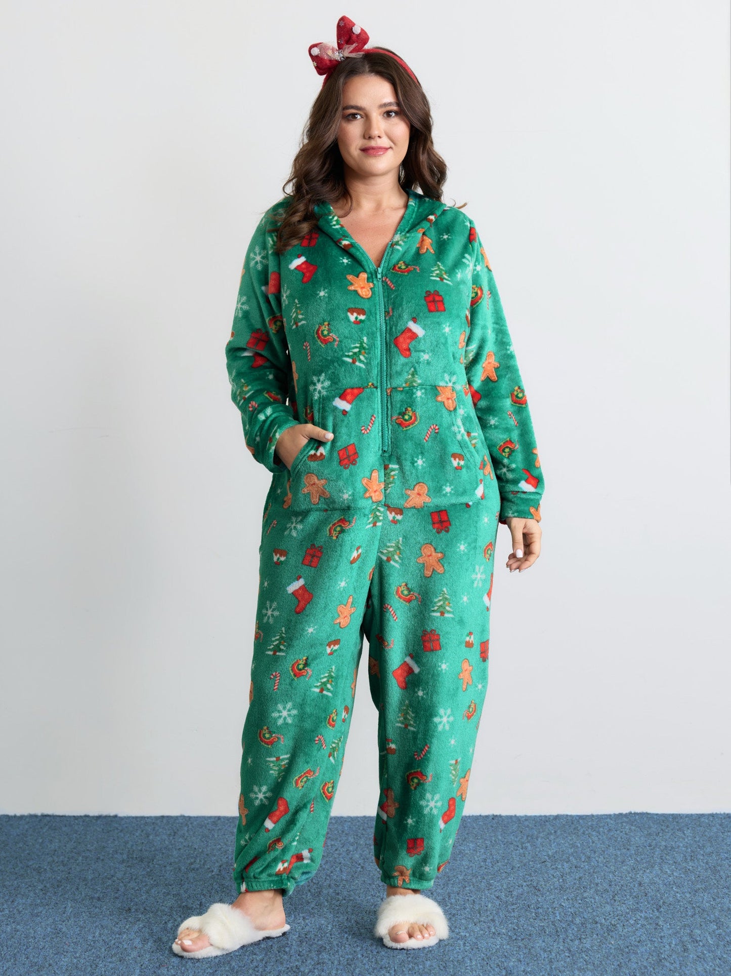 Fleece Holiday Pattern Pockets Hooded Sleep Jumpsuit