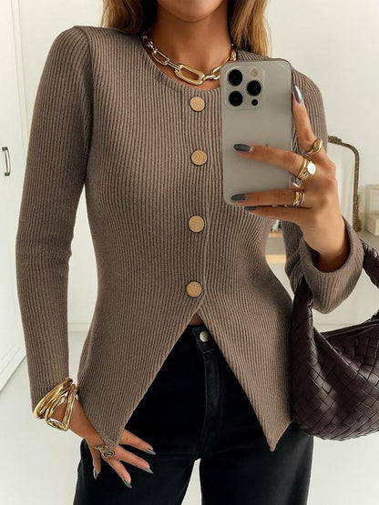 Women's Casual Elegant Ribbed Knit Button Long Sleeve Top, Fitted Plain Design, All Season Wear, Moderate Fabric Thickness