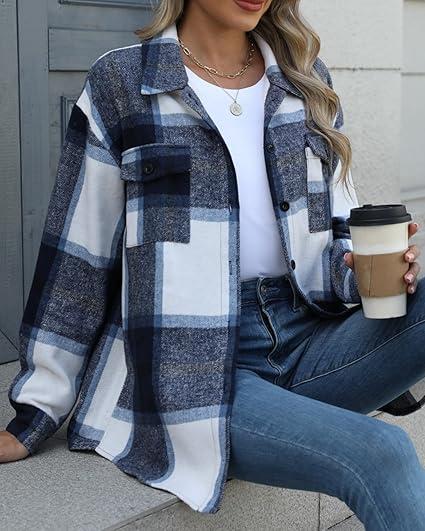 Womens Plus Size Shacket Jacket Flannel Plaid Long Sleeve Button Down Shirts Casual Fall Blouses Tops  Winter Coats Winter Holiday Haul#US 2025 Deals for You Days