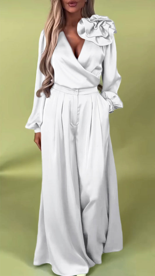 Women's formal two-piece set in elegant satin with a V-neck.