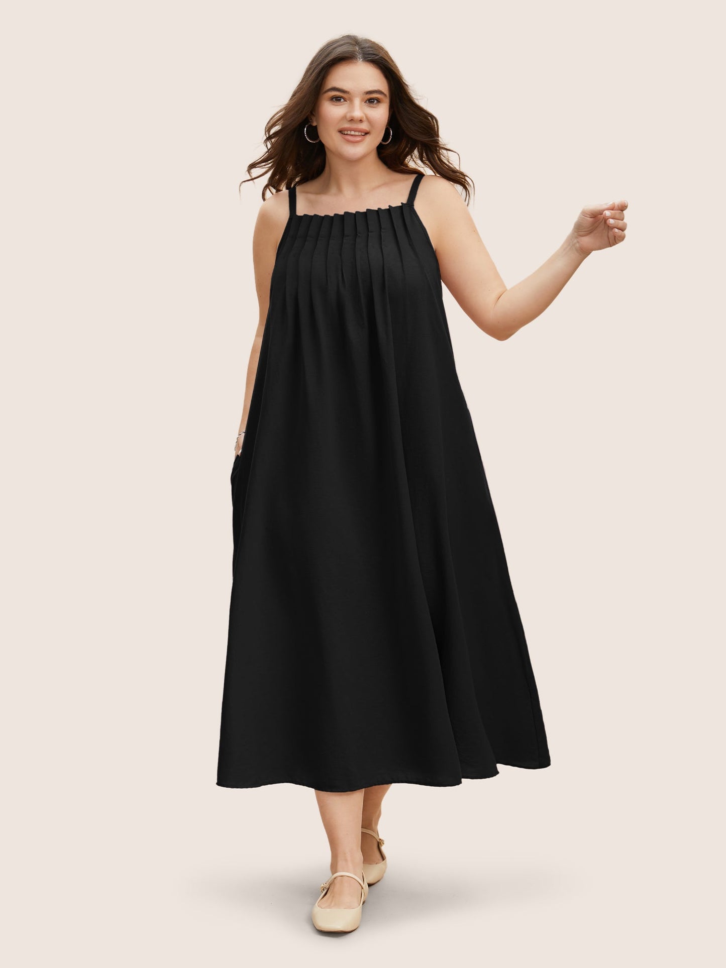 Cotton Plain Pleated Loose Fit Cami Dress