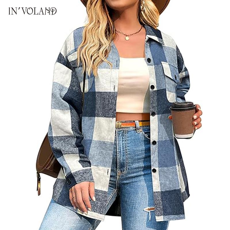 Womens Plus Size Shacket Jacket Flannel Plaid Long Sleeve Button Down Shirts Casual Fall Blouses Tops  Winter Coats Winter Holiday Haul#US 2025 Deals for You Days