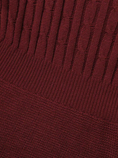 Cable Knit Fit-and-Flare Midi Sweater Dress - Long Sleeve Round Neck