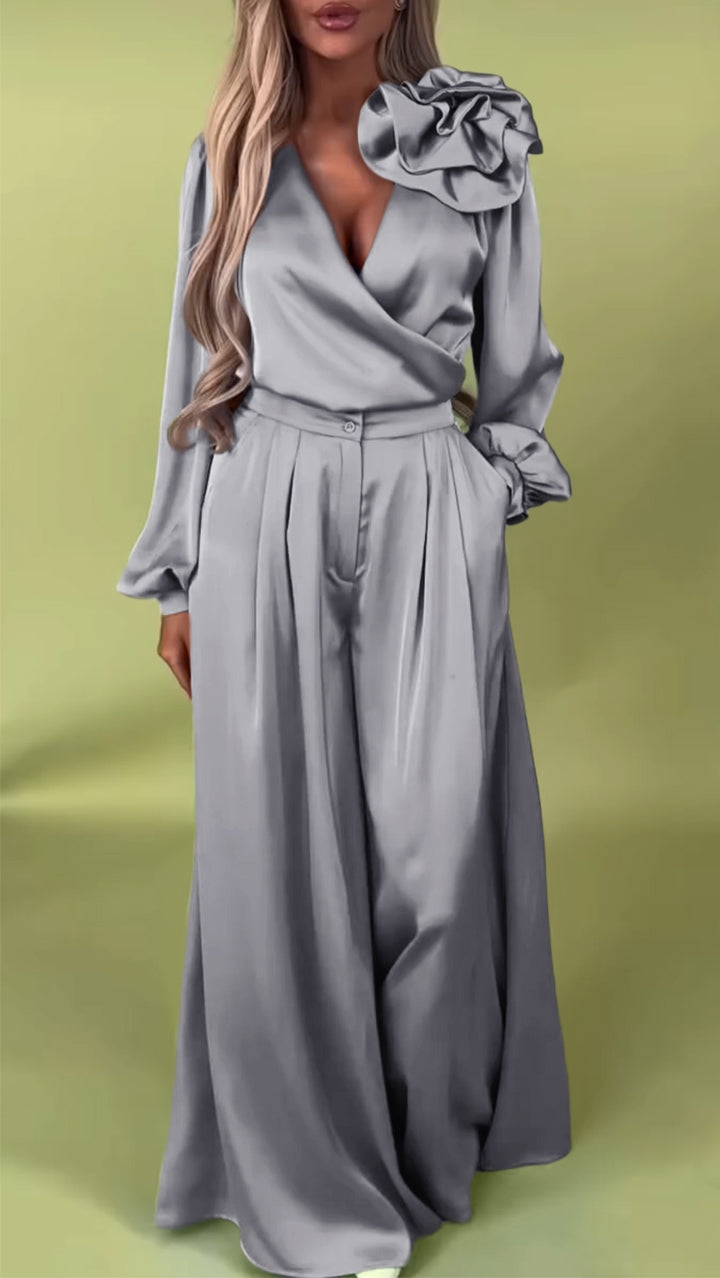 Women's formal two-piece set in elegant satin with a V-neck.