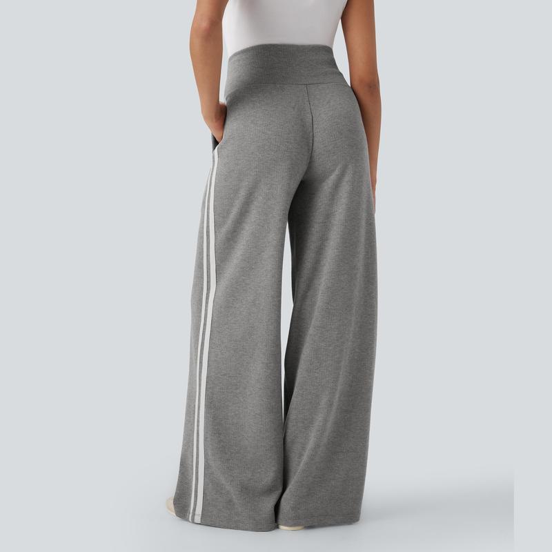 Ribbed SoCinched High Waisted Tummy Control Drawstring Wide Leg Color Block Casual Pants with Side Pockets