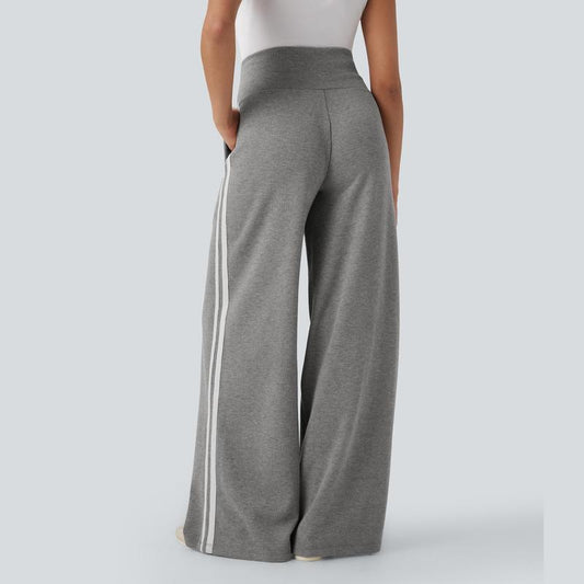 Ribbed SoCinched High Waisted Tummy Control Drawstring Wide Leg Color Block Casual Pants with Side Pockets