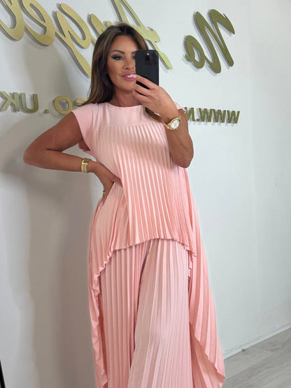 Pleated High Low Top & Trouser Two Piece Set
