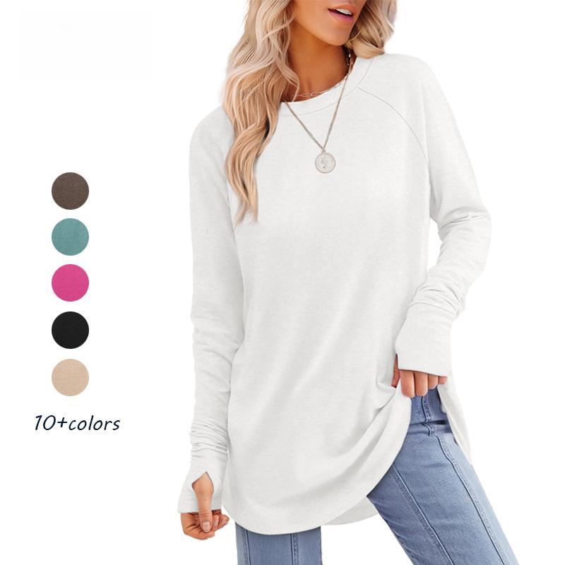 Women's Long Sleeve Tunic Tops For Leggings Crew Neck Curved Hem With Thumb Holes Casual Comfortable Daily Wear Shirts