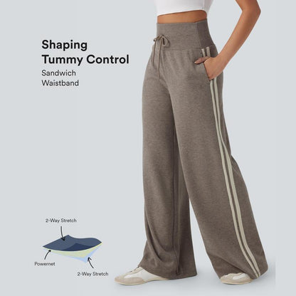 Ribbed SoCinched High Waisted Tummy Control Drawstring Wide Leg Color Block Casual Pants with Side Pockets