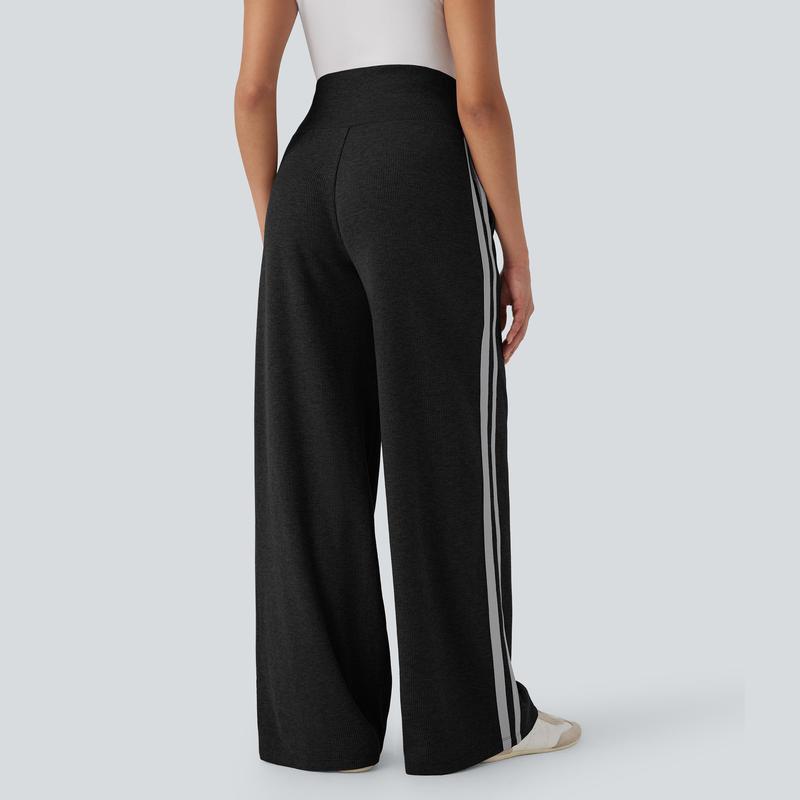 Ribbed SoCinched High Waisted Tummy Control Drawstring Wide Leg Color Block Casual Pants with Side Pockets