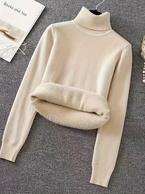 Elegant Winter Turtleneck Sweater Coat – Slim-Fit Long Sleeve Knit Jacket, Warm Solid Color Outerwear for Office & Party.