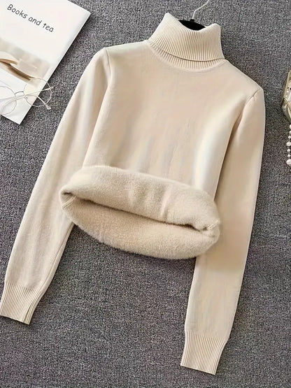 Elegant Winter Turtleneck Sweater Coat – Slim-Fit Long Sleeve Knit Jacket, Warm Solid Color Outerwear for Office & Party.