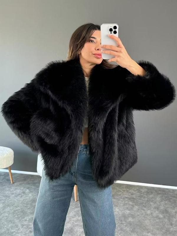 Women's Solid Color Faux Fur Fuzzy Jacket, Casual Elegant Long Sleeve Collared Fuzzy Coat for Fall & Winter, Women's Clothing for Daily Wear, Cute Tops