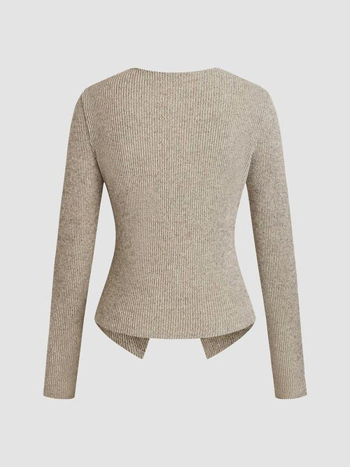 Women's Casual Elegant Ribbed Knit Button Long Sleeve Top, Fitted Plain Design, All Season Wear, Moderate Fabric Thickness