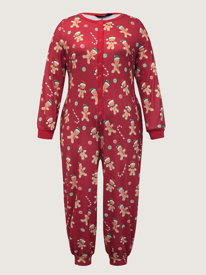Gingerbread Print Button Placket Jumpsuit
