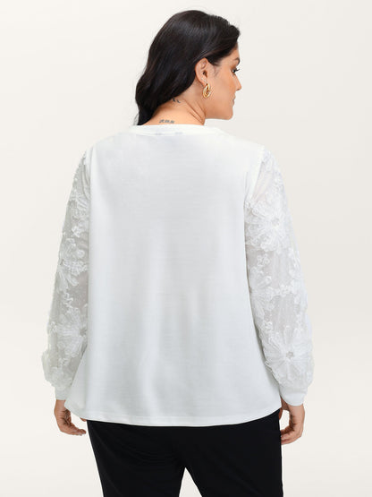 Textured Sheer Sleeve V-Neck T-Shirt