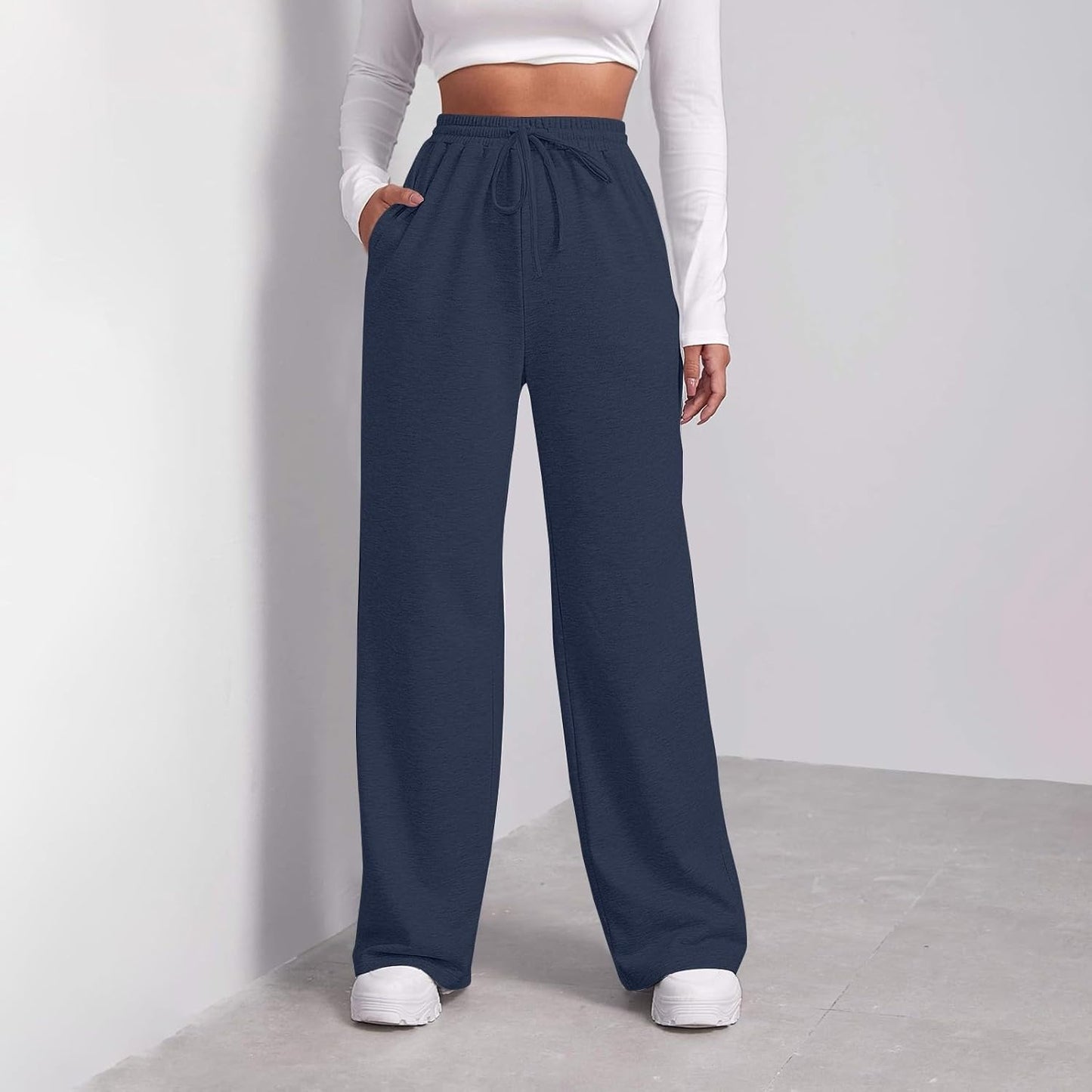 Straight Leg Sweatpants Women Baggy Drawstring Elastic Waist Lounge Pants Soft Cozy Joggers with Pockets