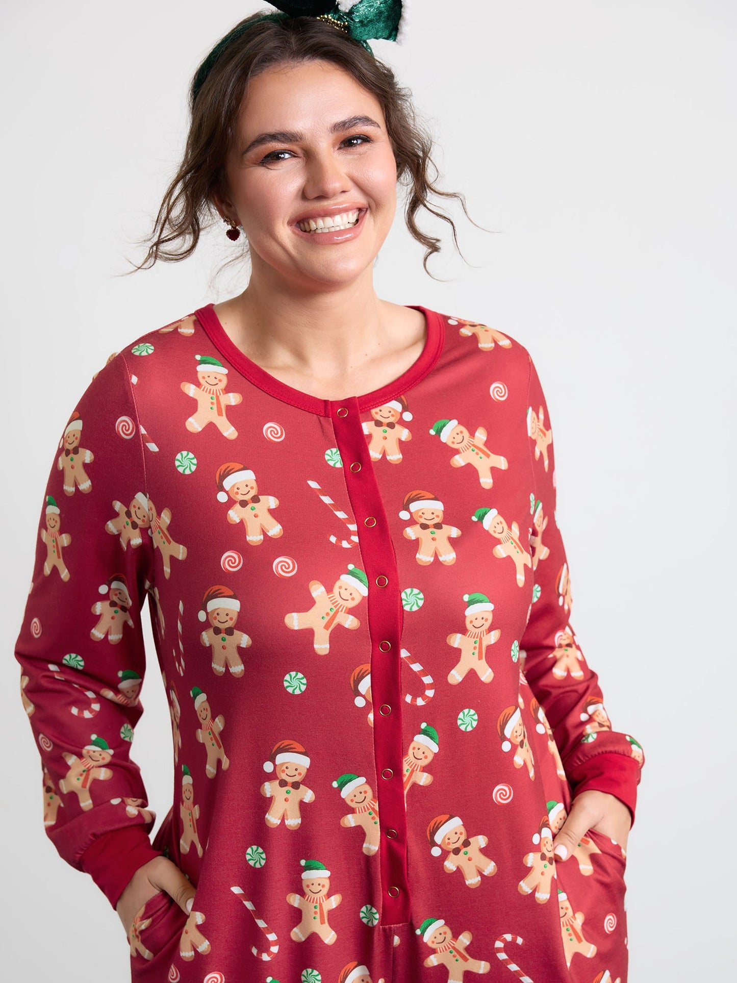 Gingerbread Print Button Placket Jumpsuit