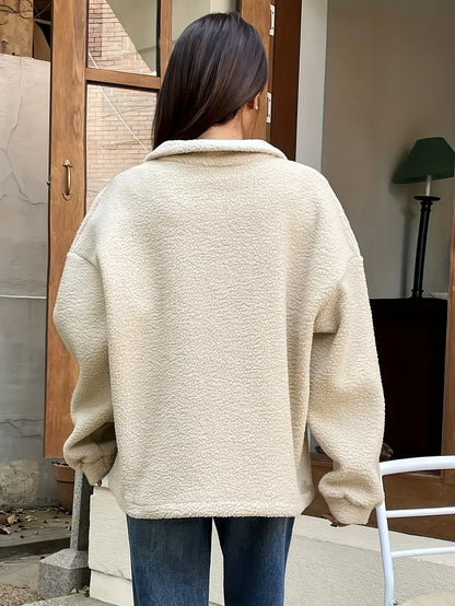 Women's Letter Patched Half Zip Fuzzy Sweatshirt, Casual Fits Long Sleeve Drop Shoulder Pullover for Fall & Winter, Women's Clothes for Daily Wear, Outfits Workwear for Women, Posh Clothes Women Yoga Jumpers