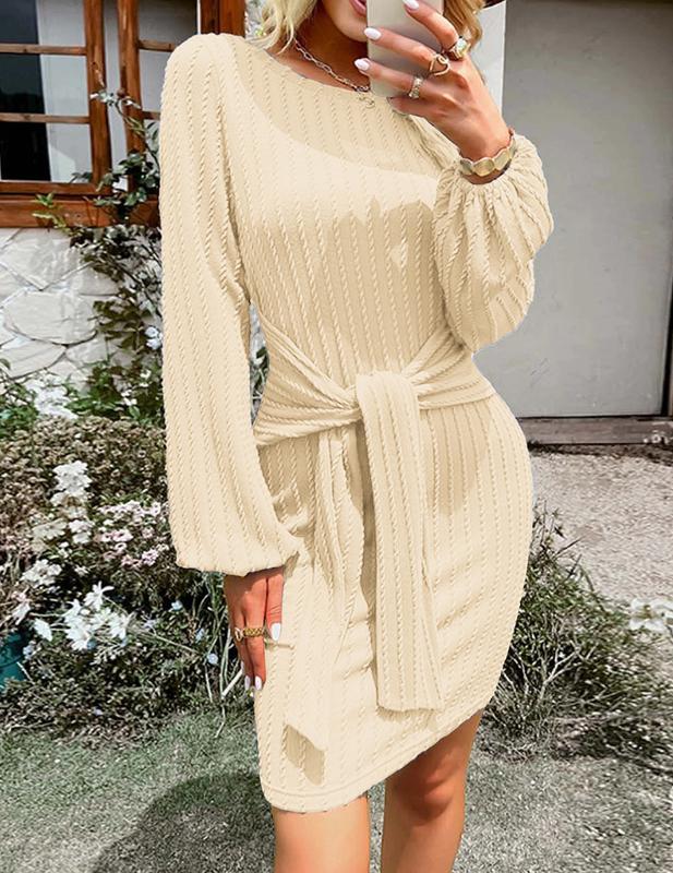 Women's Elegant Knit Dress Long Lantern Sleeve Fall Bodycon Crewneck Tie Waist Rib Knitted Sweater Dresses Basic Chic Minimalist