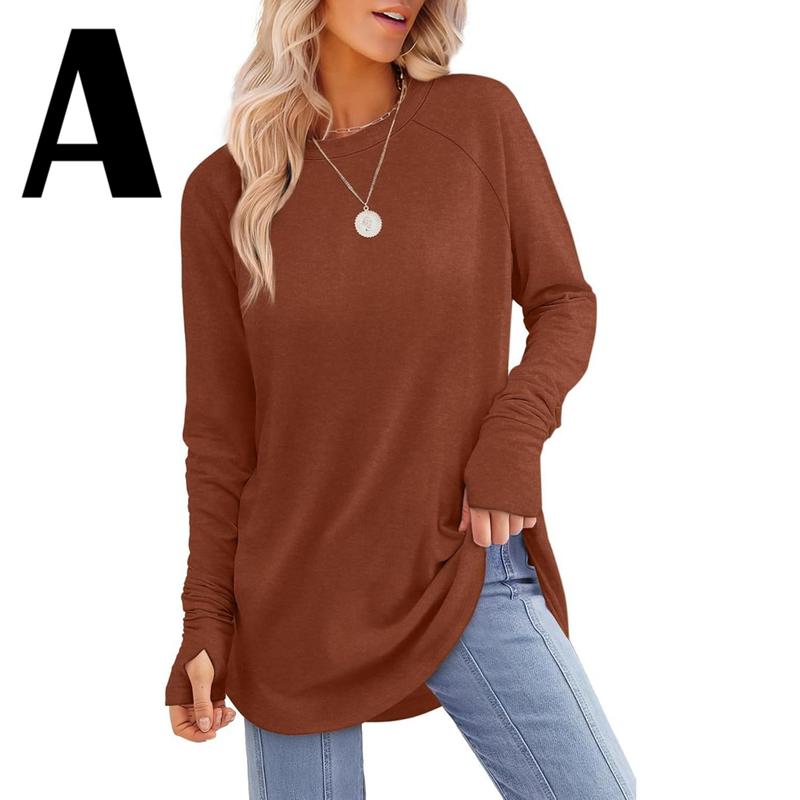 Women's Long Sleeve Tunic Tops For Leggings Crew Neck Curved Hem With Thumb Holes Casual Comfortable Daily Wear Shirts