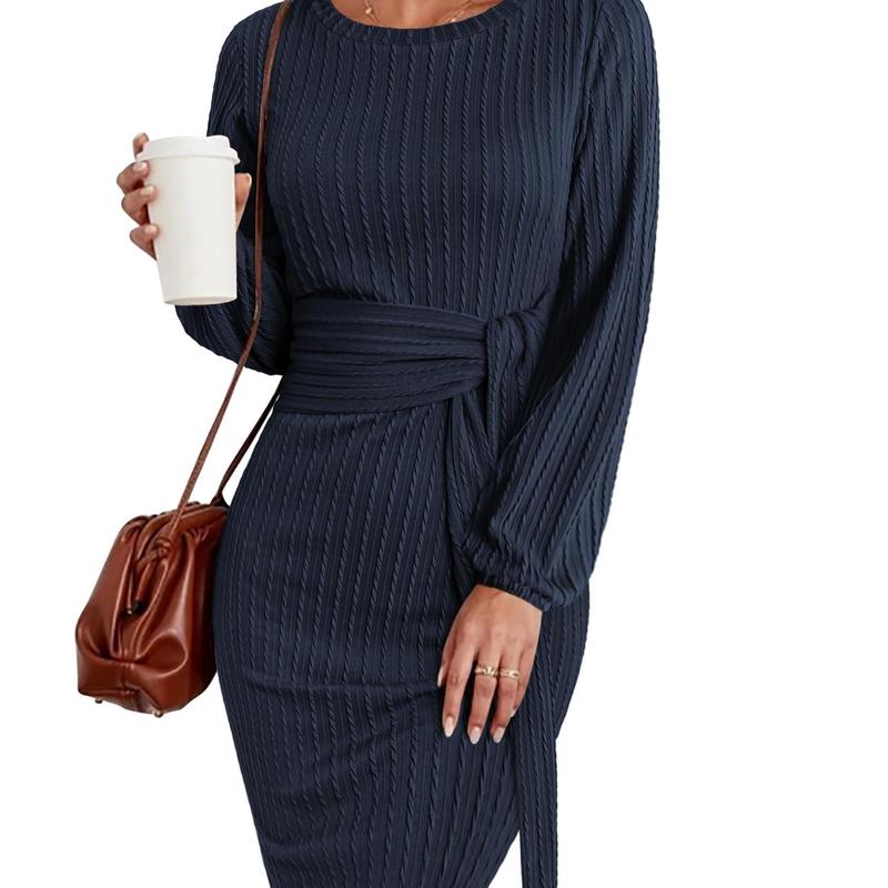 Women's Elegant Knit Dress Long Lantern Sleeve Fall Bodycon Crewneck Tie Waist Rib Knitted Sweater Dresses Basic Chic Minimalist