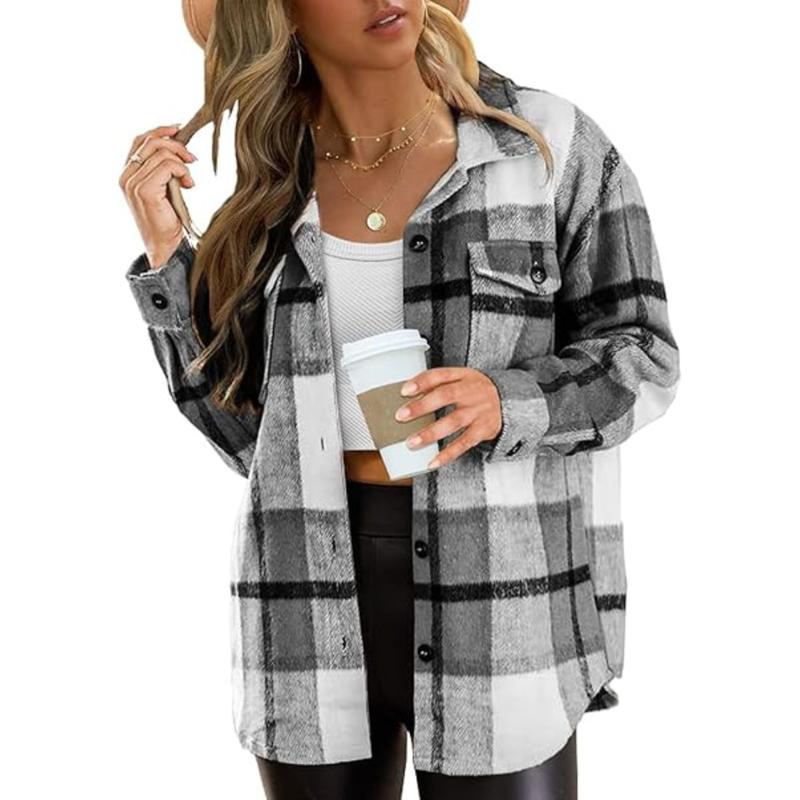 Womens Plus Size Shacket Jacket Flannel Plaid Long Sleeve Button Down Shirts Casual Fall Blouses Tops  Winter Coats Winter Holiday Haul#US 2025 Deals for You Days