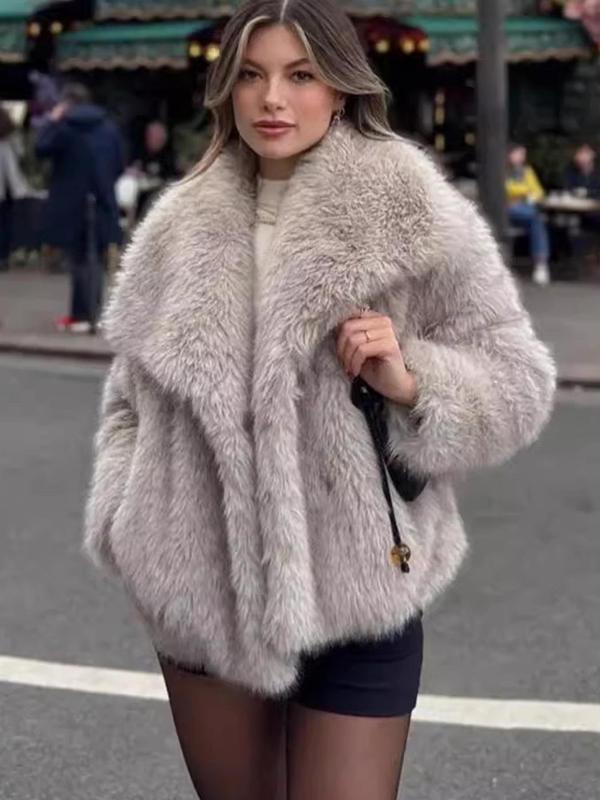 Women's Solid Color Faux Fur Fuzzy Jacket, Casual Elegant Long Sleeve Collared Fuzzy Coat for Fall & Winter, Women's Clothing for Daily Wear, Cute Tops