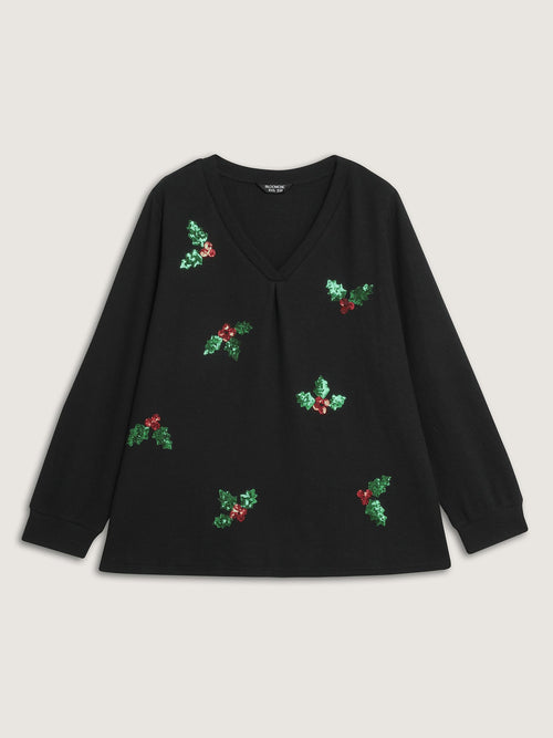 Holiday Elements Sequin Embroidery Textured Sweatshirt