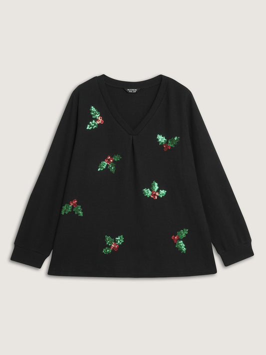 Holiday Elements Sequin Embroidery Textured Sweatshirt