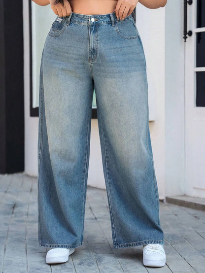 Plus Size Washed and Faded Loose Denim Pants for Women with Pockets, Wide-Leg Jeans, Relaxed Fit Denim
