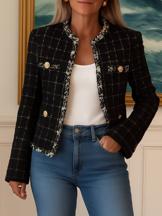 Women's Round Neck Long Sleeve Plaid Elegant Jacket